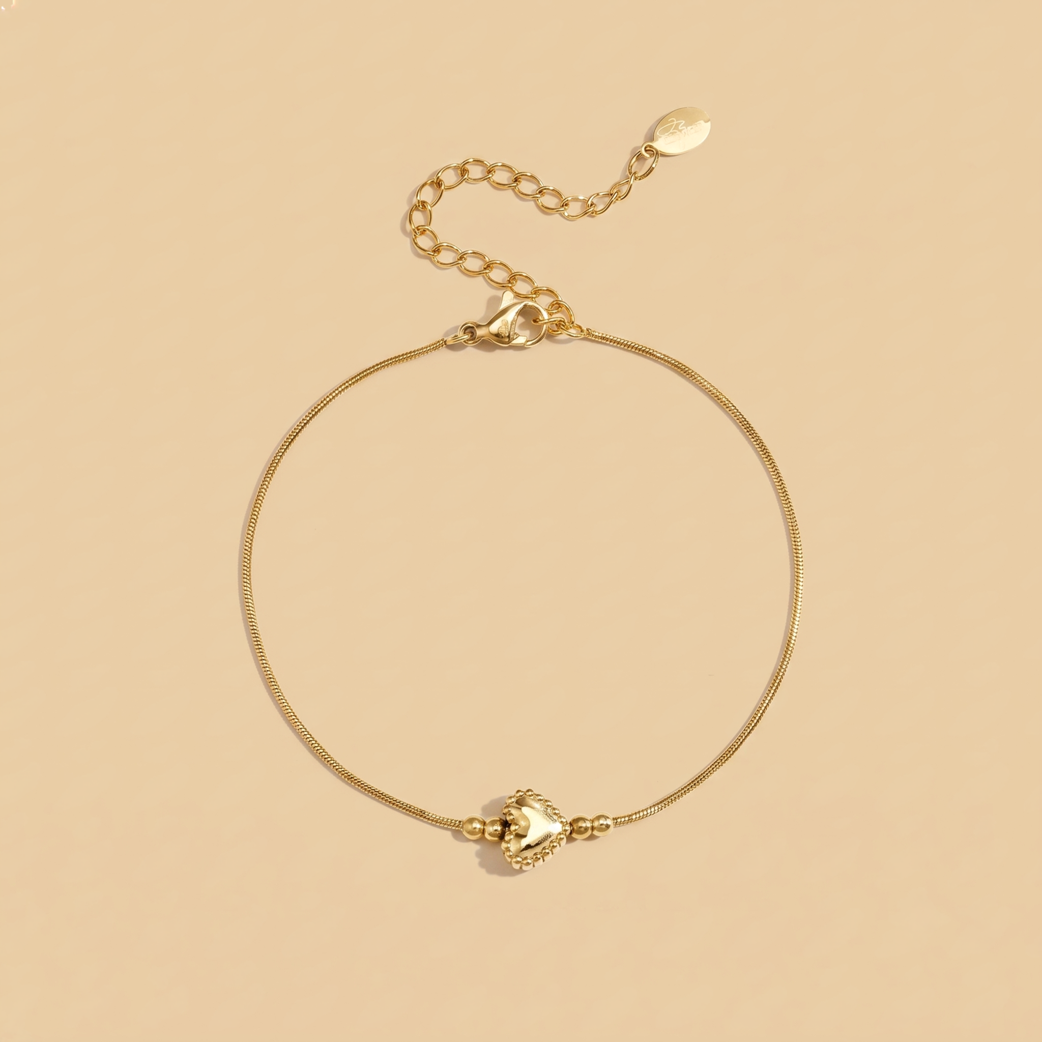 The Beaded Heart Bracelet | Gold Textured Heart Charm Snake Chain Bracelet