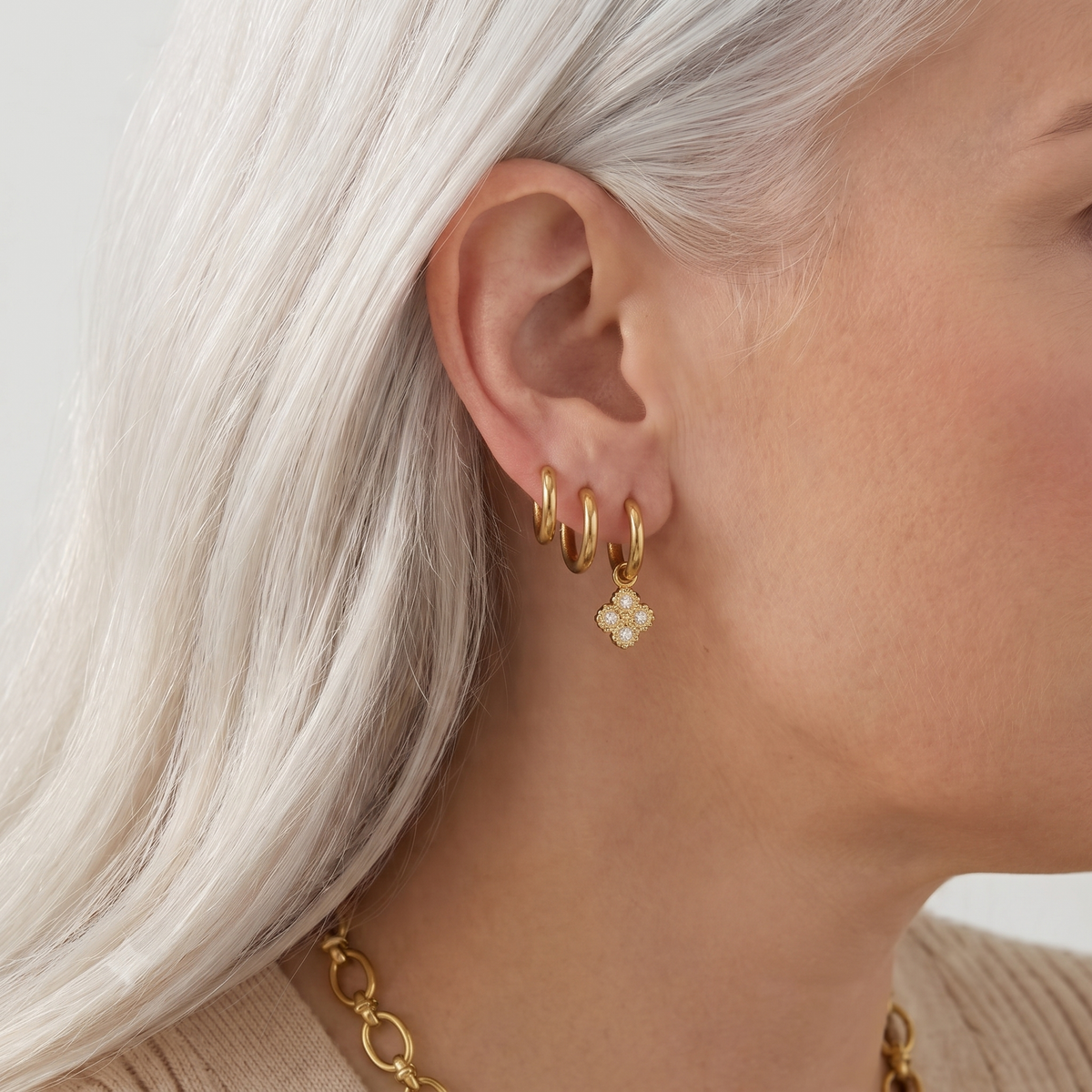 The Clover Hoop Earrings | Gold Crystal Clover Charm Huggie Hoops