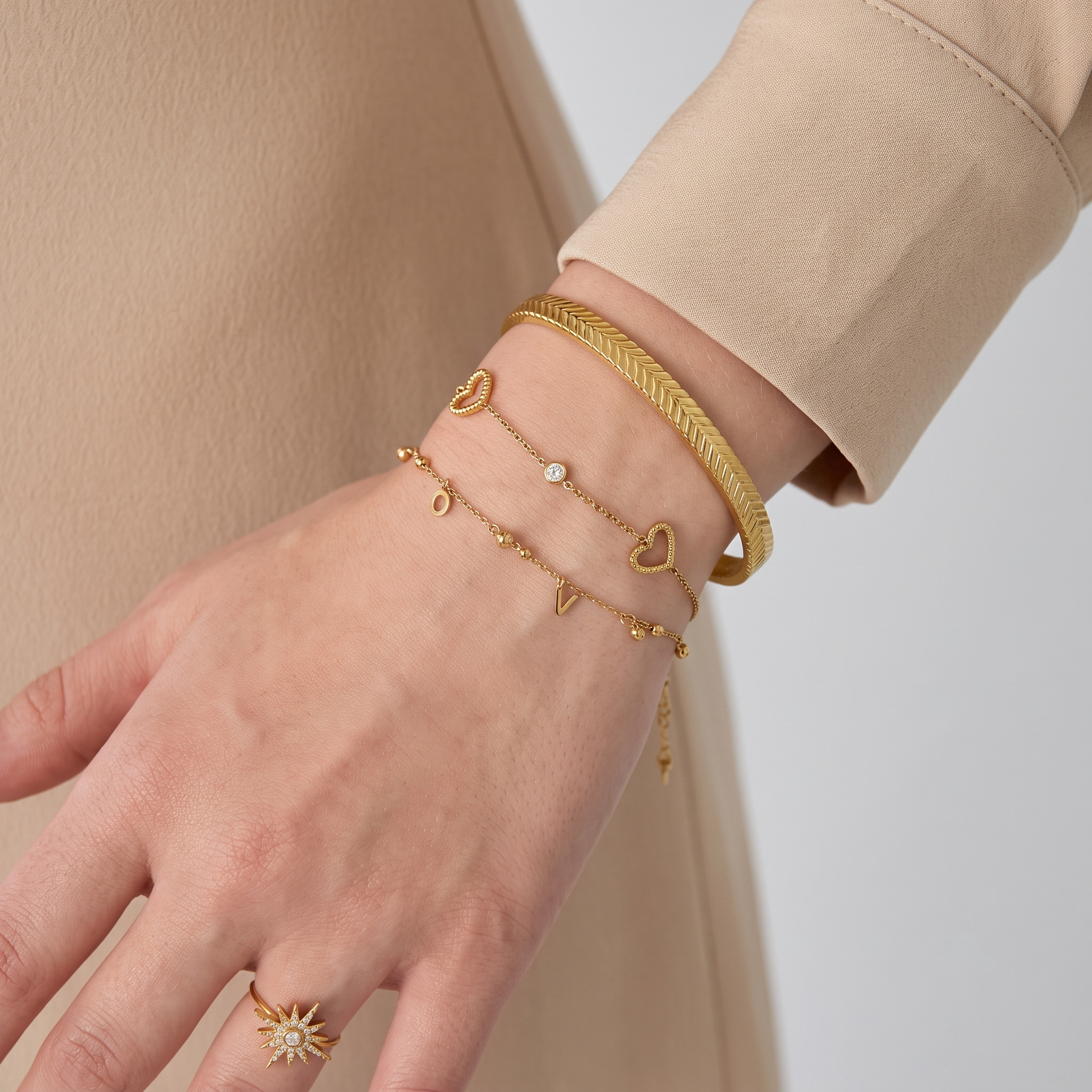 The Open Heart Bracelet | Gold Textured Heart & Crystal Station Bracelet